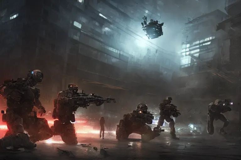 Prompt: cyborg swat team raiding an apartment, concept art, digital painting, trending on artstation, deviantart, epic composition, extremely detailed, ambient lighting, masterpiece, sharp focus, octane render