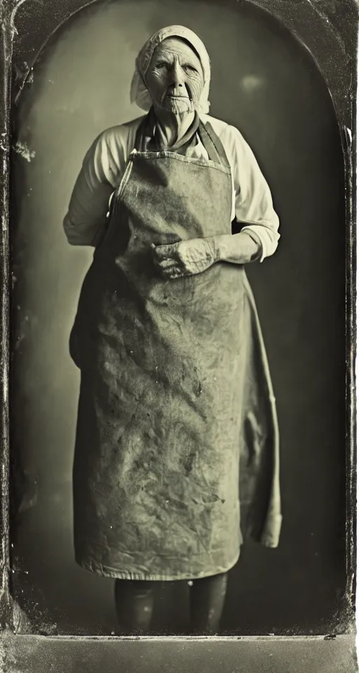 Image similar to a wet plate photograph, a portrait of an older washer woman in an apron