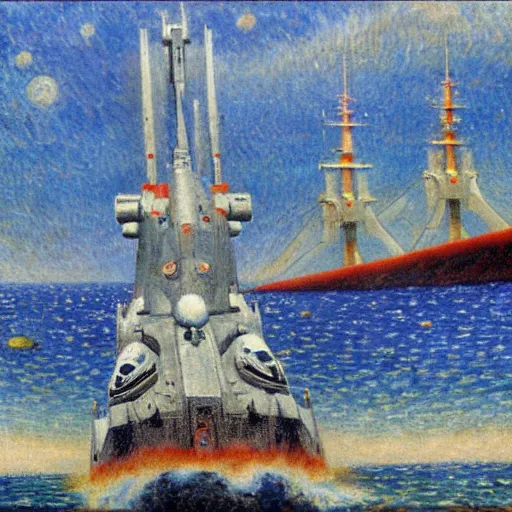 Image similar to star wars battlecruiser by georges lemmen, neo - impressionism, futuristic