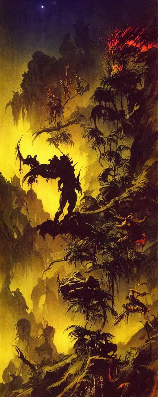 Image similar to frazetta painting of mystic cinematic jungle , nighttime ,daytime , backlight , detailed visible brushmarks