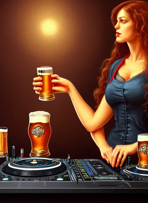 Image similar to image of large pint of beer and large technics dj table front of picture, in the backround man and a woman, dark backround, highly detailed, digital illustration, trending in artstation, modern painting, smooth, sharp focus, intricate, einar jonsson and bouguereau