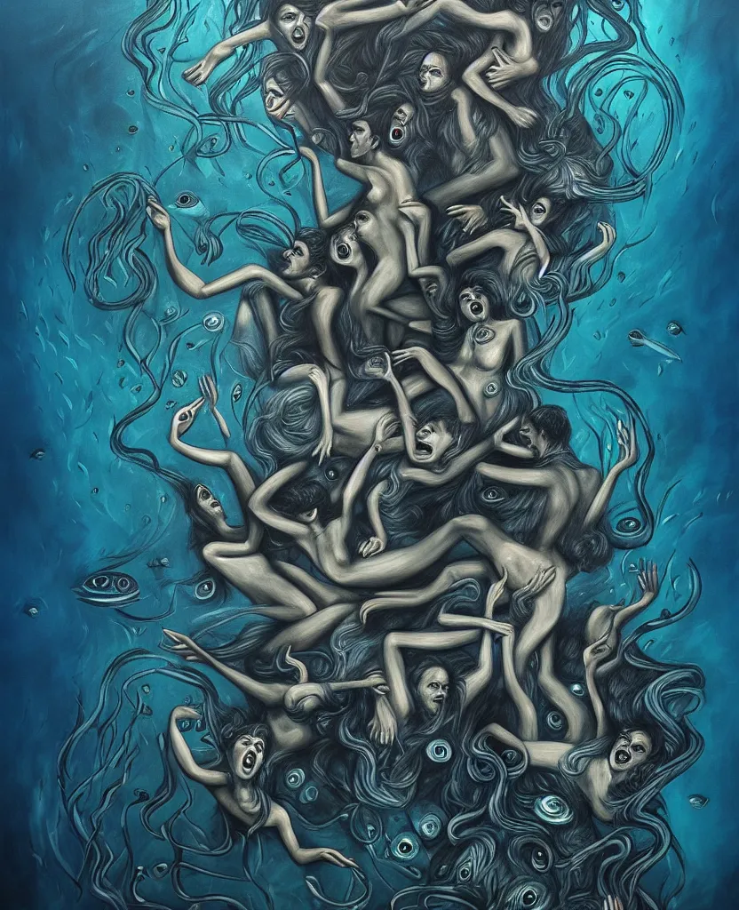 Prompt: wild emotional creatures repressed in the deep sea of unconscious of the psyche, about to rip through and escape in a revolution, painted by ronny khalil