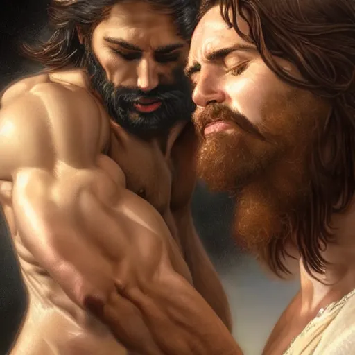 Image similar to jesus kissing a sensual muscular man in jerusalem, elegant, highly detailed, digital painting, artstation, concept art, matte, sharp focus, highly detailed, 4 k, hdr, smooth, sharp focus, high resolution, award - winning photo, photorealistic, art by artgerm and greg rutkowski and alphonse mucha, large shot