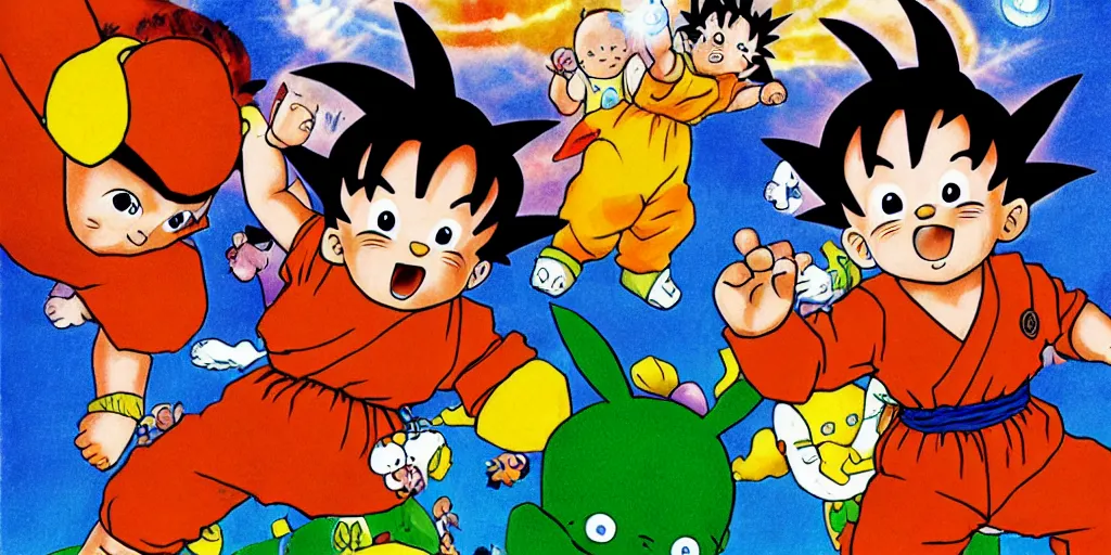 Image similar to goku playing with teletubbies by randolph caldecott