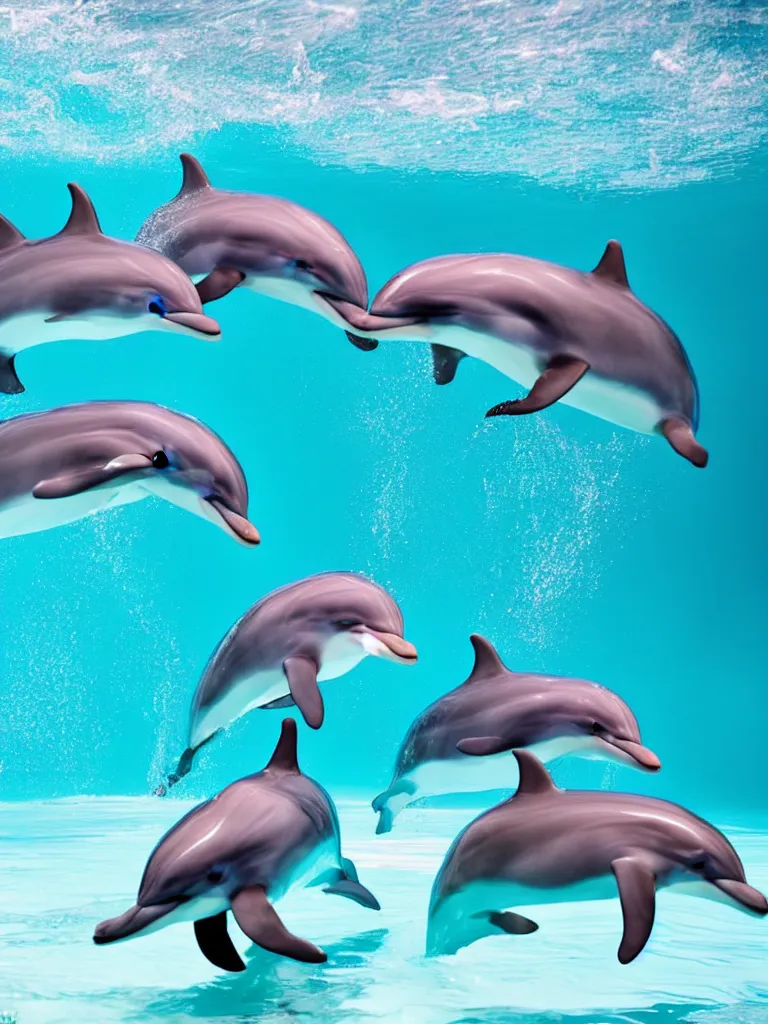 Prompt: three cheerful dolphins relaxing in a mountain thermal spa, award-winning-photograph, beautiful daylight, crystal-clear-focus, sharp-lens, amazing photography
