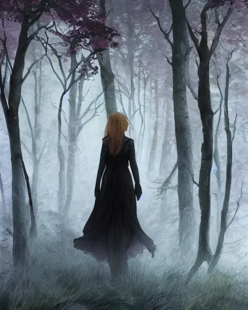 Image similar to elsa walking in a forest, winter, somber, sad, black dress, low light, foggy at dawn, sunlight visible through tree leaves, misty, magic, atmospheric art by artgerm and greg rutkowski and alphonse mucha and by artgerm, by studio muti, greg rutkowski makoto shinkai takashi takeuchi,