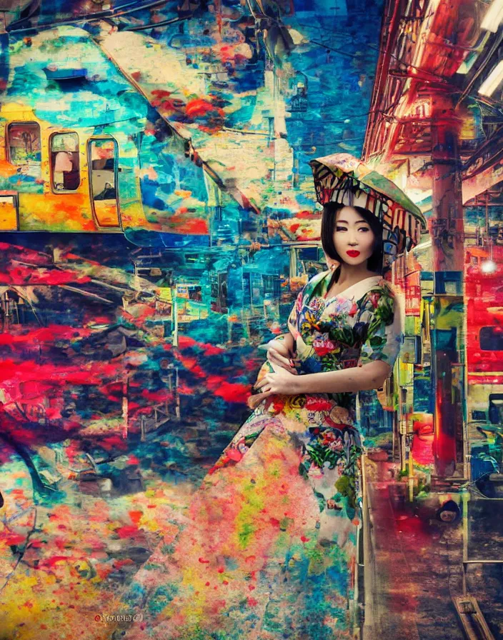 Image similar to semi semi realistic digital painting!! beautiful geisha flying over a colorful subway train yard, grunge, graffiti, tags, dramatic, xray melting colors!!, long lens, shallow depth of field, bokeh, anamorphic lens flare, 8 k, hyper detailed, 3 5 mm film grain