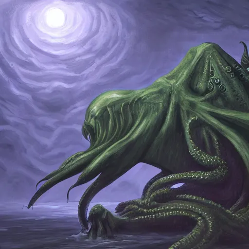 Image similar to cthulhu sleeps at r'lyeh. dramatic. wide angle. digital painting. trending on art station.