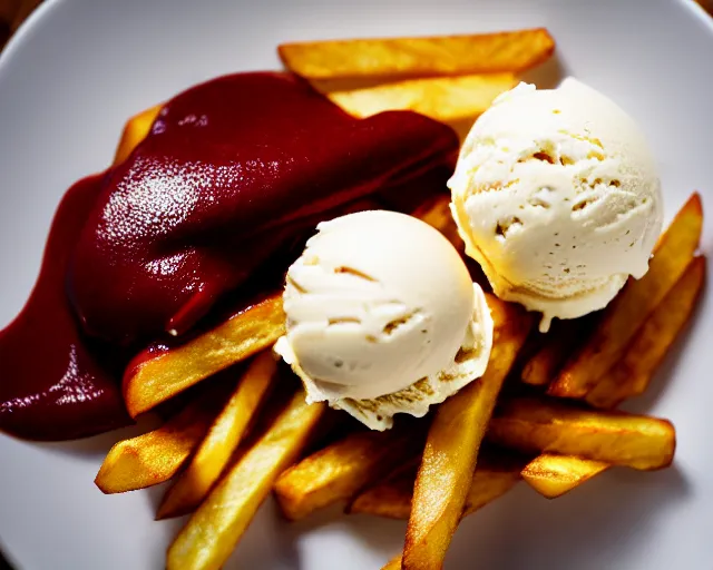 Image similar to dslr food photograph of vanilla ice cream with ketchup on, a leaf of basil on the ice cream, french fries on the side, bokeh, 8 5 mm f 1. 4