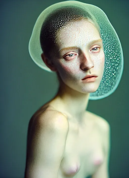 Image similar to Kodak Portra 400, 8K, soft light, volumetric lighting, highly detailed, britt marling style 3/4 , portrait photography of a beautiful woman by Paolo Roversi, face and body merging with jellyfishes, symbolic metamorphosis complex 3d render , 150 mm lens, art nouveau fashion embroidered,bust with intricate underwaters details, elegant, hyper realistic, ultra detailed, octane render, underwater soft colours, emotionally evoking, head in focus, fantasy, elegant, soft light, volumetric lighting, highly detailed, Refined, Highly Detailed, soft pastel lighting colors scheme, fine art photography, Hyper realistic, photo realistic