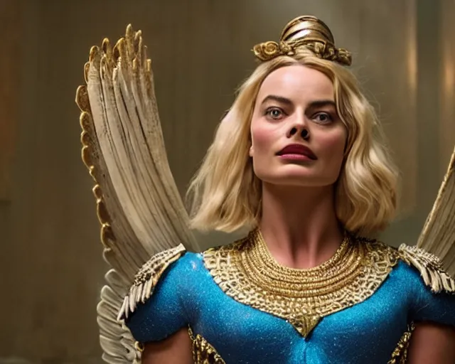 Image similar to Margot robbie as a goddess in heaven, Photography, Cinematic, Portrait, insanely detailed and intricate, hypermaximalist, elegant, ornate, hyper realistic, super detailed