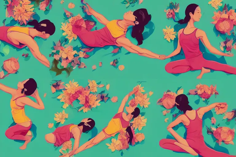Image similar to a body doing yoga poses, top view, covered with flowers, art by Sachin Teng, beautiful lush colors