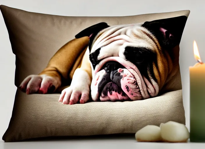 Image similar to a closeup, 4 5 mm, portrait of a sleeping english bulldog in a bed, on a pillow, candle light, 4 5 mm, by franz lanting