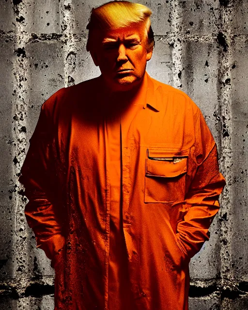 Image similar to a head and shoulders portrait of Donald trump wearing orange prison clothing holding a bible standing in a filthy concrete jail In a maximum security prison, dimly lit, volumetric lighting,, craig mullins octane, 8k,