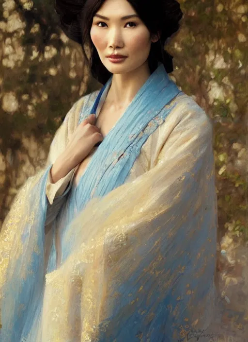 Image similar to detailed portrait of gemma chan wearing hanfu, natural light, painting by gaston bussiere, craig mullins, j. c. leyendecker