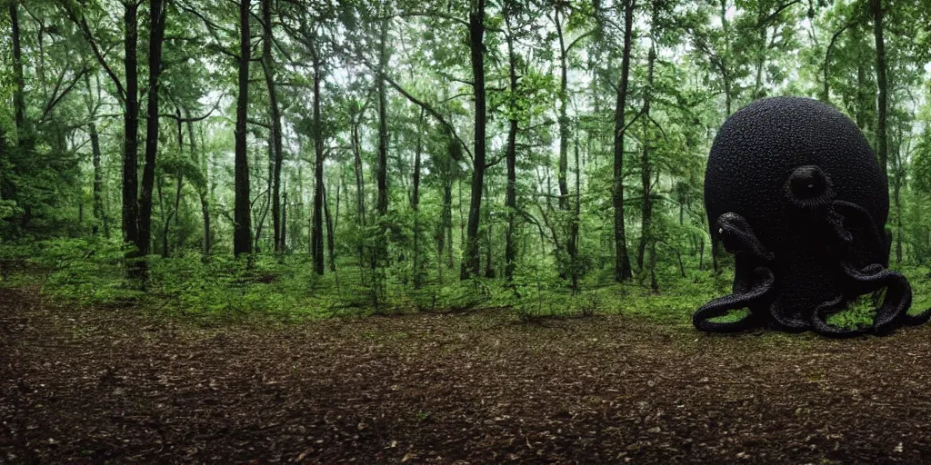 Prompt: a huge black octopus in the middle of a forest, winding around trees, beautiful ambient light, 8k photography