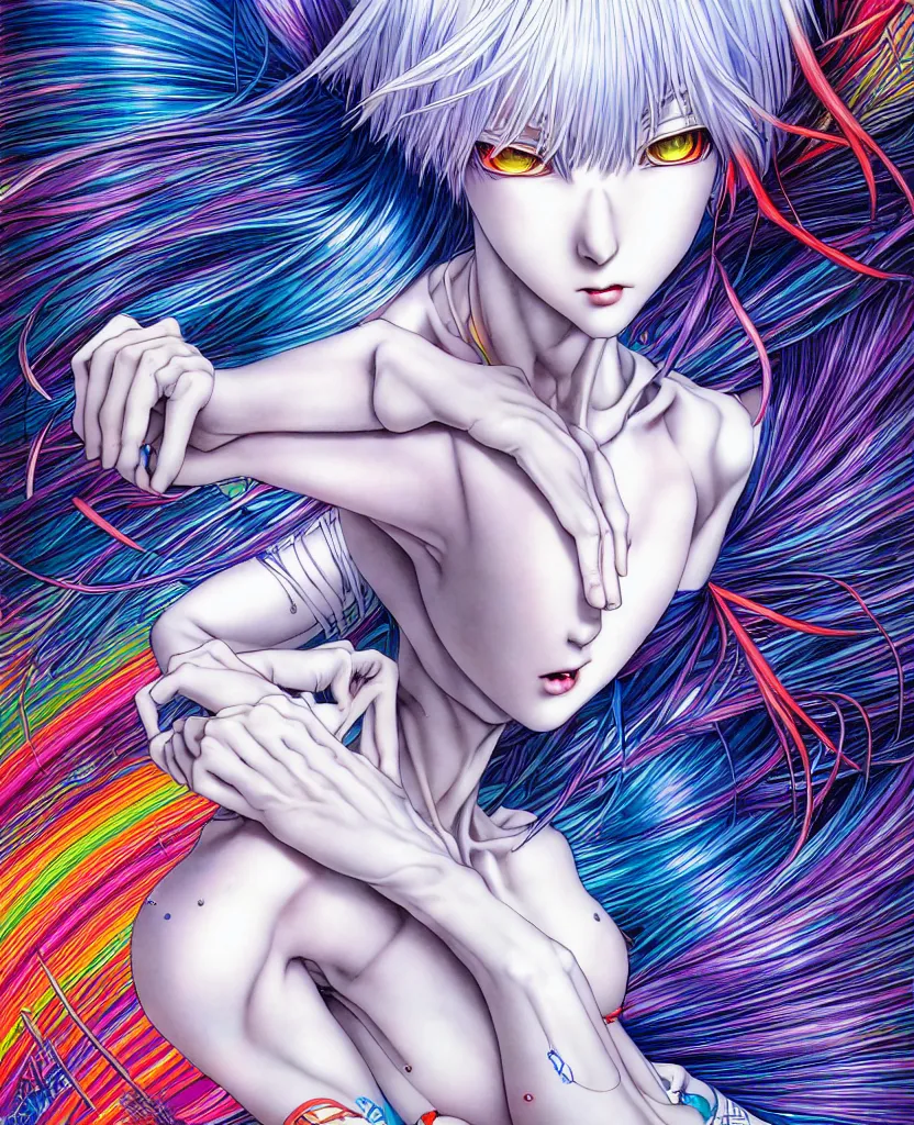 Image similar to realistic detailed image of ultra mega rainbow, realistic detailed female character, rei ayanami, symmetrical, depth perception, masterpiece, depth of field, action horror, gothic, vivid colors. art by yoshitaka amano, by yukito kishiro, by yoshiyuki sadamoto, by artgerm, by hajime sorayama