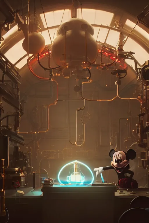 Image similar to bunch of mechanics operating bloody mickey mouse head in science facility, big glowing netflix logo behind, greg rutkowski, beeple, gilleard, alphonse mucha cgsociety, unreal engine, octane render, highly detailed 4 k art, smooth, sharp focus, cinematic lighting,