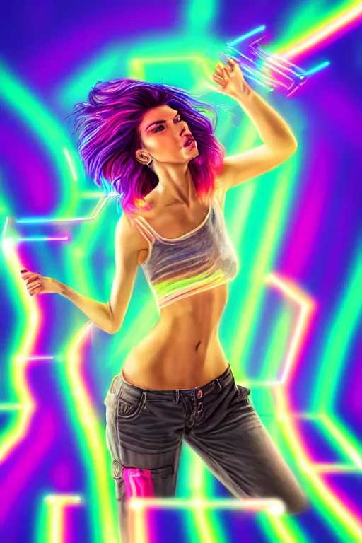 Image similar to a award winning half body portrait of a beautiful woman with stunning eyes in a croptop and cargo pants with rainbow colored ombre hairstyle head in motion and hair flying by thomas danthony, outlined by whirling illuminated neon lines, outrun, vaporware, shaded flat illustration, digital art, trending on artstation, highly detailed, fine detail, intricate