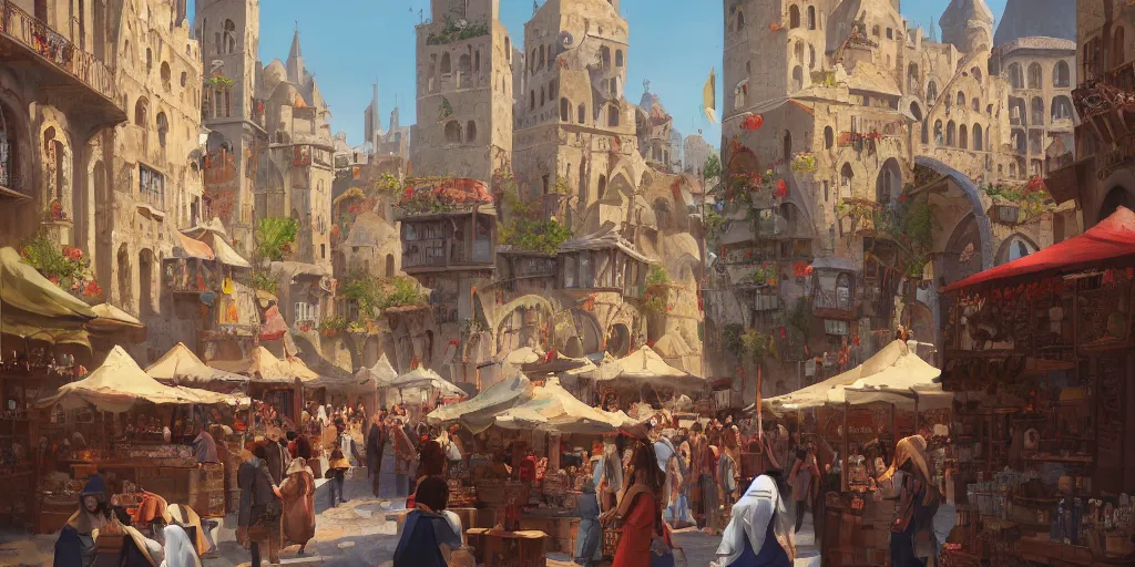 Image similar to a busy medieval Mediterranean street market in the style of Sylvain Sarrailh, beautiful digital art, cinematic composition, detailed, concept art, Matt painting, oil painting, high res