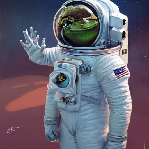 Image similar to long shot of a astronaut frog wearing an astronaut helmet, by esao andrews, by m. w. kaluta, beautiful oil painting, cinematic space scenery, small depth of field, depth perception, volumetric light, rich colors, 3 d octane render, 8 k, conceptart, hyperdetailed, hyperrealistic, trending on artstation