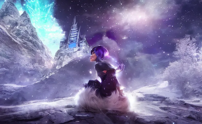 Image similar to beautiful Himalayan sci-fi princess with purple cat-eyes, silver and black hair split, glowing crystals on the ground, somber, scene of a blizzard on the mountain overlooking a futuristic village, 8k hdr pixiv dslr photo by Makoto Shinkai and Wojtek Fus, 3d realisitc anime, final fantasy 14 style