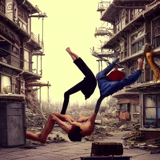 Image similar to rpg character concept art, twin brothers being cute doing acroyoga in a junkyard, no soup, intricate detail, in the style of jamie hewlett killian eng kawase hasui riyoko ikeda, 3 d render, artstation trending, 8 k, octane render, photorealistic, volumetric lighting caustics, sharp detail, manga, black and white