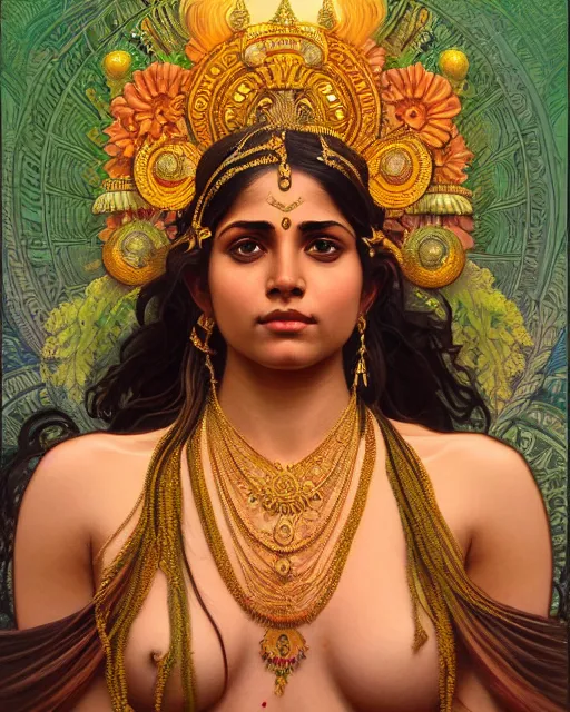 Image similar to portrait of a gaea goddess, upper body, decorated with hindu aesthetics, hindu, traditional art, intricate, elegant, highly detailed, digital painting, artstation, concept art, smooth, sharp focus, illustration, art by artgerm and greg rutkowski and alphonse mucha, 8 k