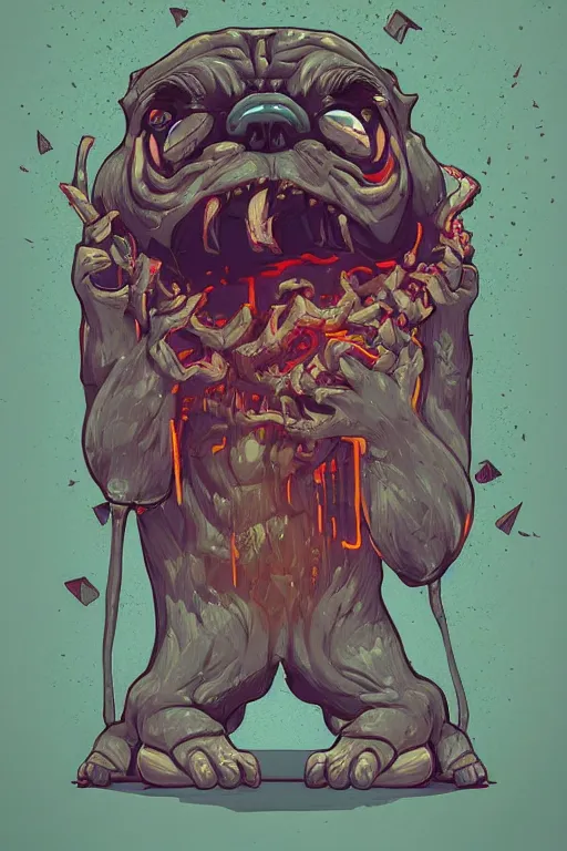 Image similar to demon pug eating flesh. art by mike winkelmann, sticker, colorful, illustration, highly detailed, simple, smooth and clean vector curves, no jagged lines, vector art, smooth, artstation