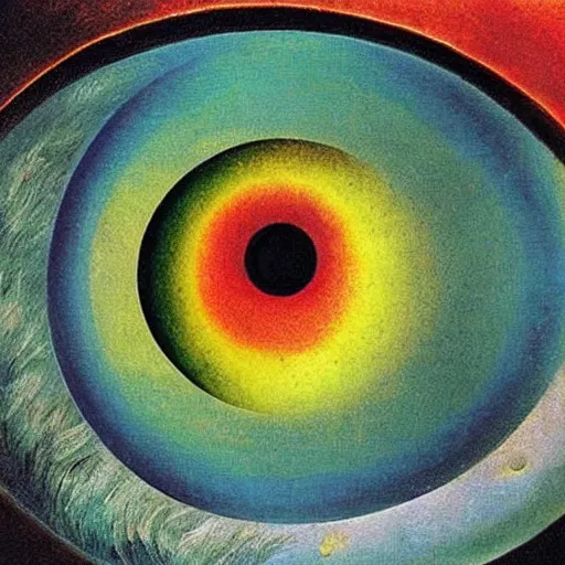 Prompt: an eye filled with a rainbow reflection as it's imbued with divine creative power, allowing it to see its inner self for the first time, painted by max ernst