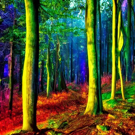 Image similar to a dark forest with shafts of colorful light