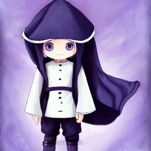 Image similar to little boy wearing nun outfit, white hair, light blue eyes. purple and black color palate, detailed soft painting, made in abyss art style, anatomically correct