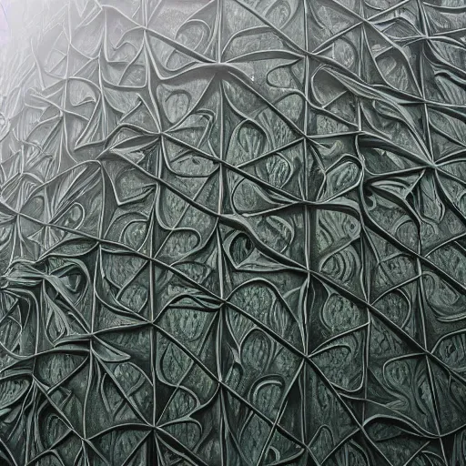 Image similar to a photo of a futuristic biomimicry oasis facade + the facade is elegant and made of a biomimicry nature algae with ornate patterns + photo taken on a misty morning + architectural photography, 8K, photorealistic