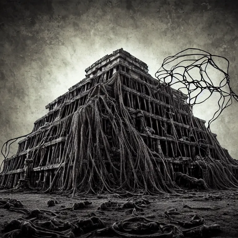 Prompt: still life of abandoned mayan temple, covered with tentacles, roots, wires, tubes, baroque painting, standing in a desolate empty wasteland, creepy, nightmare, dream-like heavy atmosphere, dark fog, surreal abandoned buildings, baroque painting, beautiful detailed intricate insanely detailed octane render trending on Artstation, 8K artistic photography, photorealistic, chiaroscuro, Raphael, Caravaggio, Beksinski, Giger