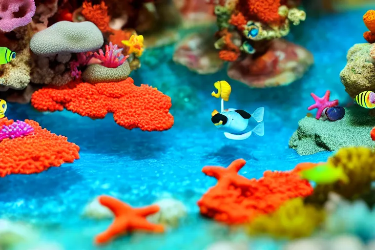 Prompt: fisher price coral reef, california scene from tv show hyper detailed 5 5 mm 8 5 mm, toy photography, made out of plastic