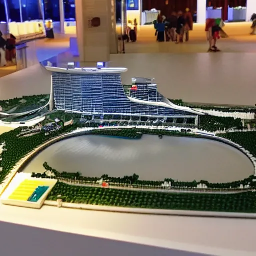 Image similar to a lego model of Marina Bay Sands, highly detailed, museum lighting