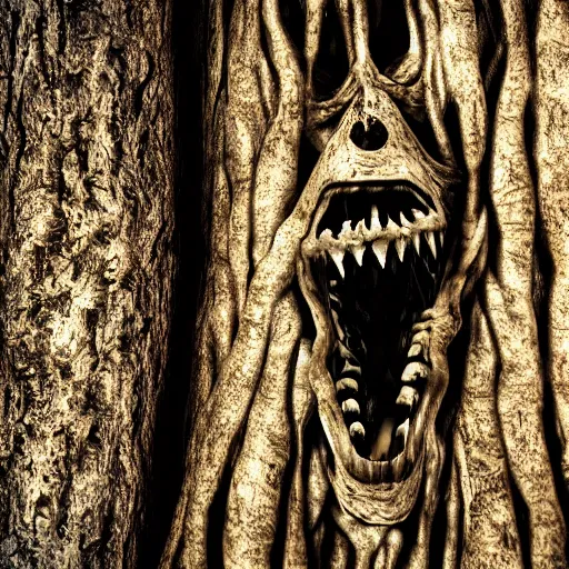 Image similar to an angry pale corpse trapped within a tree trunk, horror, photography, hyper realistic, daytime, gloomy forest, nightmarish