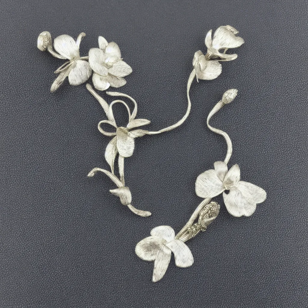 Image similar to Silver embroidered orchid amulet, realistic, clean, 4k, highly detailed