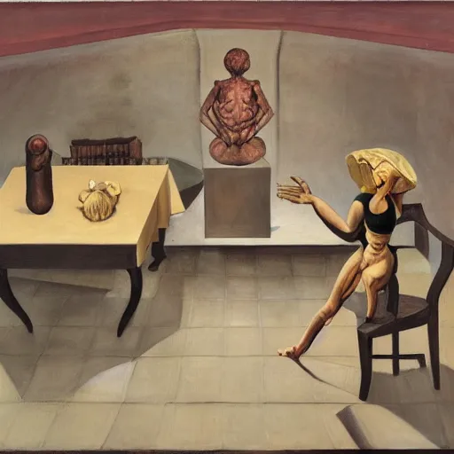 Prompt: the worst of all possible worlds, philosopy, by de chirico, by paula rego