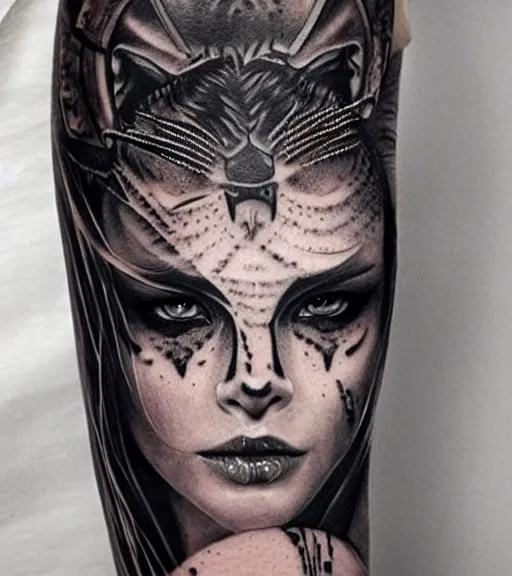 Image similar to tattoo design on white background of a beautiful girl warrior below a tiger head, hyper realistic, realism tattoo, by eliot kohek, beautiful eyes, realistic face, black and white