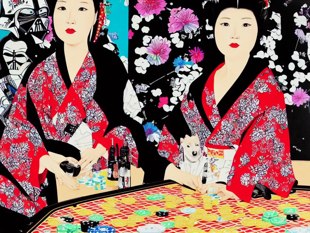 Prompt: hyperrealism composition of the detailed woman in a japanese kimono sitting at an extremely detailed poker table with darth vader, shiba inu, fireworks on the background, pop - art style, jacky tsai style, andy warhol style, acrylic on canvas
