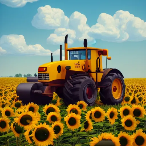 Image similar to a cute tractor in a sunflower field towing a russian tank by goro fujita, 3 d octane render, 8 k, trending on artstation, hyper detailed, cinematic