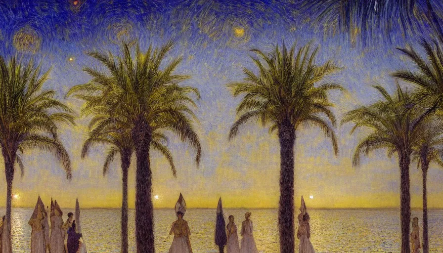 Image similar to a ultradetailed beautiful painting of the night sky of the amazonas palace balustrade designed by jules bastien - lepage, tarsila do amaral, frank weston and gustave baumann, beach, trending on artstation, mediterranean, palm trees, sharp focus, giant columns, soft light, 8 k 4 k