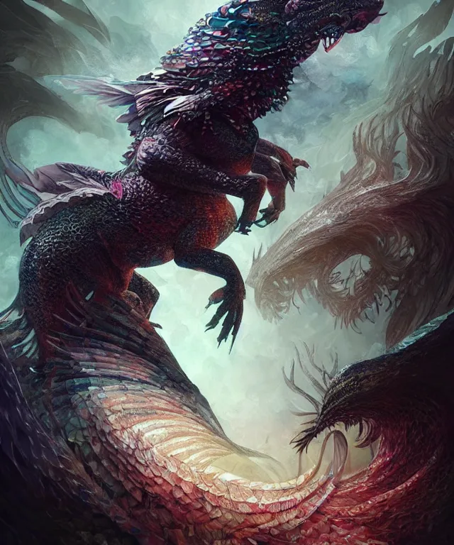 Image similar to a mythical creature covered in scales and feathers spitting acid, fantasy, elegant, digital painting, artstation, concept art, matte, sharp focus, illustration, art by aleksi briclot