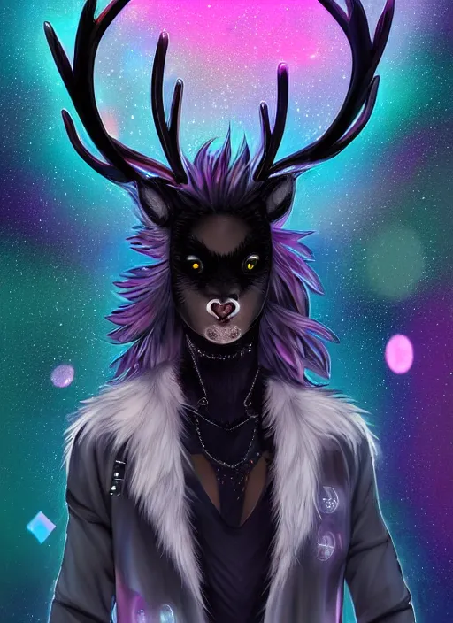 Image similar to award winning beautiful portrait commission of a male furry anthro Black Reindeer cyberpunk fursona with a tail, wings, wings, wings and a cute beautiful attractive detailed furry face wearing stylish black and rainbow galaxy clothes, outline, in a cyberpunk city at night while it rains. Character design by charlie bowater, ross tran, artgerm, and makoto shinkai, detailed, inked, western comic book art