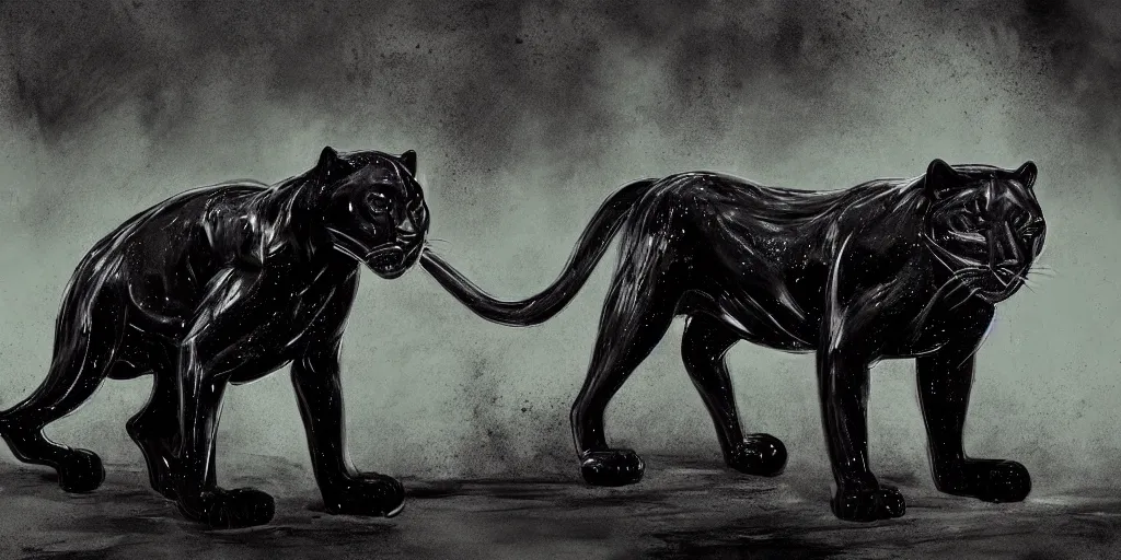 Image similar to a panther, made of tar, in a suburban backyard, dripping tar. concept art, reflections, black goo, animal drawing