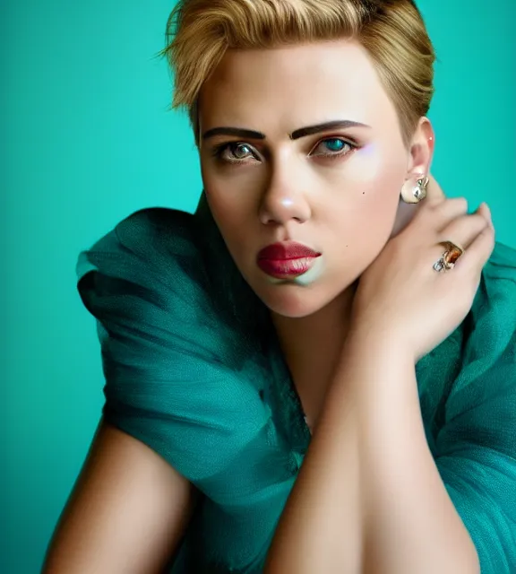 Image similar to beautiful portrait photo of Scarlett Johansson, slight smile, photo by Annie Leibovitz, 85mm, teal studio backdrop