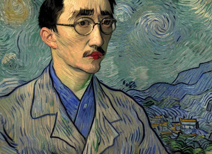 Prompt: Filthy Frank wearing blue dirty spaghetti stained dress shirt, rule of thirds, accurately portrayed, portrait art by Vincent van Gogh, highly detailed, digital painting, concept art, illustration, Japanese emperial flag with twilight rays of sunlight, trending on artstation, very detailed, smooth, sharp focus, octane render, close up