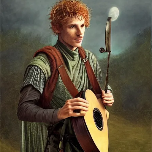 Image similar to kvothe playing his lute serenading the sunset, huntsman, medieval, green cape, by Aleksi Briclot