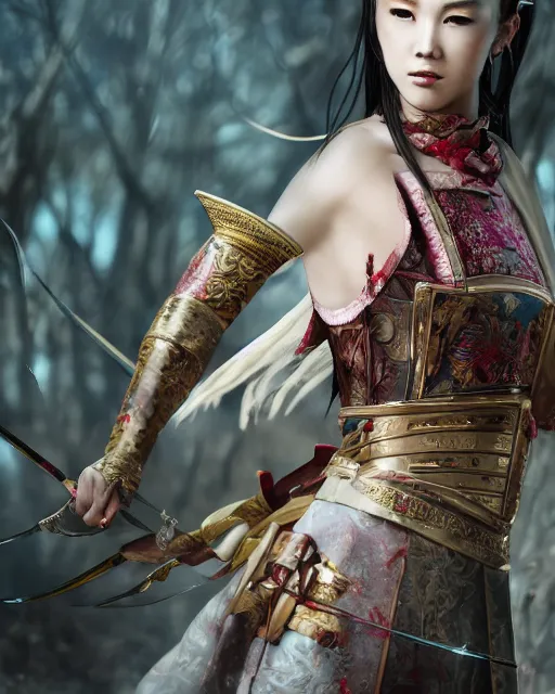 Prompt: full body portrait fashion editorial of beauty charming woman as a warrior godly princess in feudal japan, clear makeup, clean hair, dry skin, clear skin, airbrushed, bright eye makeup, femine warrior body, photo by mario testino, 8k octane render, cinematic, hyper detailed, micro details, insanely detailed, trending on artstation, concept art, Peter Paul Rubens and Peter Mohrbacher style